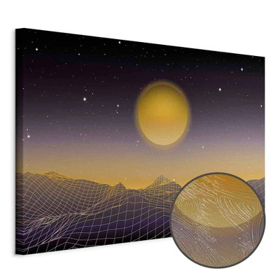 Schuin productaanzicht van Futuristic landscape wide. Het motief loopt door over de randen van het canvas. Een ronde detailopname toont het reliëf van het geloppervlak.