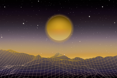 Vooraanzicht van Futuristic landscape wide. De volledige gedrukte compositie is te zien zonder het schuine productaanzicht of de detailopname van het geloppervlak.