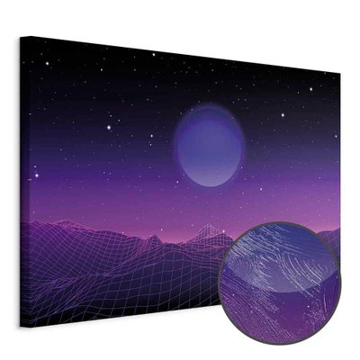 Schuin productaanzicht van Futuristic landscape wide. Het motief loopt door over de randen van het canvas. Een ronde detailopname toont het reliëf van het geloppervlak.