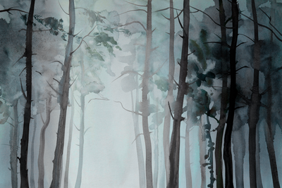 Vooraanzicht van Hazy forest wide. De volledige gedrukte compositie is te zien zonder het schuine productaanzicht of de detailopname van het geloppervlak.