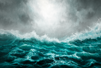 Vooraanzicht van Restless ocean wide. De volledige gedrukte compositie is te zien zonder het schuine productaanzicht of de detailopname van het geloppervlak.