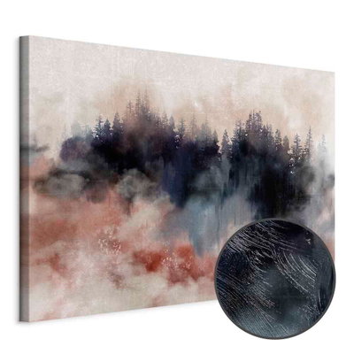 Schuin productaanzicht van Back home wide. Het motief loopt door over de randen van het canvas. Een ronde detailopname toont het reliëf van het geloppervlak.