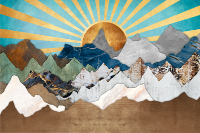 Vooraanzicht van Morning in the mountains. De volledige gedrukte compositie is te zien zonder het schuine productaanzicht of de detailopname van het geloppervlak.