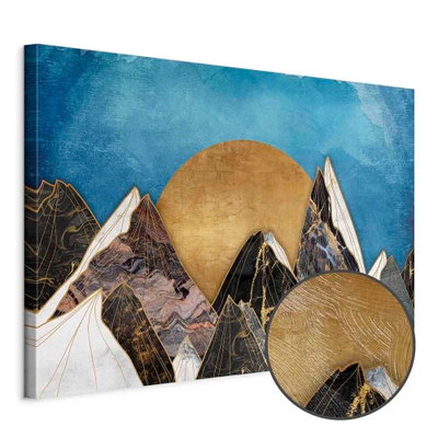 Schuin productaanzicht van Lonely journey wide. Het motief loopt door over de randen van het canvas. Een ronde detailopname toont het reliëf van het geloppervlak.