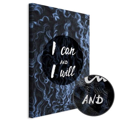 Schuin productaanzicht van I can and i will. Het motief loopt door over de randen van het canvas. Een ronde detailopname toont het reliëf van het geloppervlak.