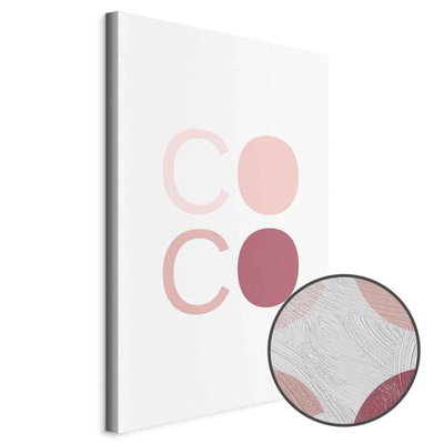 Schuin productaanzicht van Pink coco. Het motief loopt door over de randen van het canvas. Een ronde detailopname toont het reliëf van het geloppervlak.