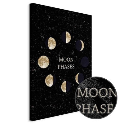 Schuin productaanzicht van Lunar cycle. Het motief loopt door over de randen van het canvas. Een ronde detailopname toont het reliëf van het geloppervlak.