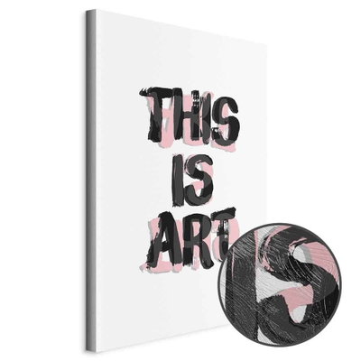 Schuin productaanzicht van This is art. Het motief loopt door over de randen van het canvas. Een ronde detailopname toont het reliëf van het geloppervlak.