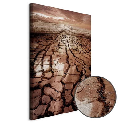 Schuin productaanzicht van Drought. Het motief loopt door over de randen van het canvas. Een ronde detailopname toont het reliëf van het geloppervlak.