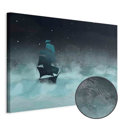 Schuin productaanzicht van Night waves wide - second. Het motief loopt door over de randen van het canvas. Een ronde detailopname toont het reliëf van het geloppervlak.
