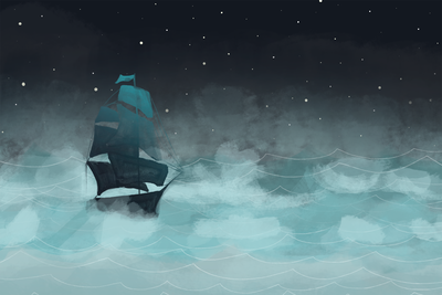 Vooraanzicht van Night waves wide - second. De volledige gedrukte compositie is te zien zonder het schuine productaanzicht of de detailopname van het geloppervlak.