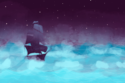 Vooraanzicht van Night waves wide - third. De volledige gedrukte compositie is te zien zonder het schuine productaanzicht of de detailopname van het geloppervlak.