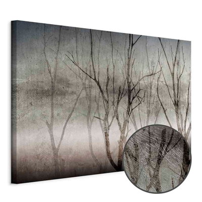 Schuin productaanzicht van Smell of fog wide. Het motief loopt door over de randen van het canvas. Een ronde detailopname toont het reliëf van het geloppervlak.