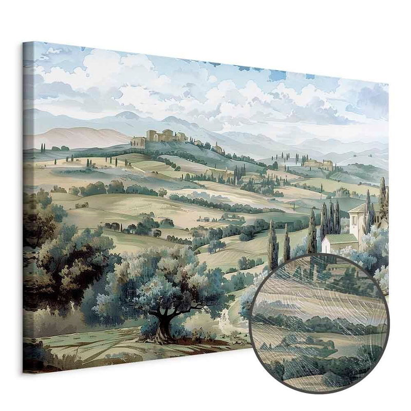 Produktvy av Landscape with green fields. En rund detaljförstoring visar den strukturerade gelytan.