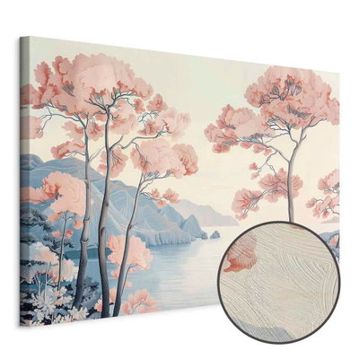 Schuin productaanzicht van Landscape with the ocean. Het motief loopt door over de randen van het canvas. Een ronde detailopname toont het reliëf van het geloppervlak.