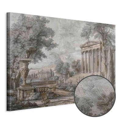 Schuin productaanzicht van Temple on a hill - greek. Het motief loopt door over de randen van het canvas. Een ronde detailopname toont het reliëf van het geloppervlak.