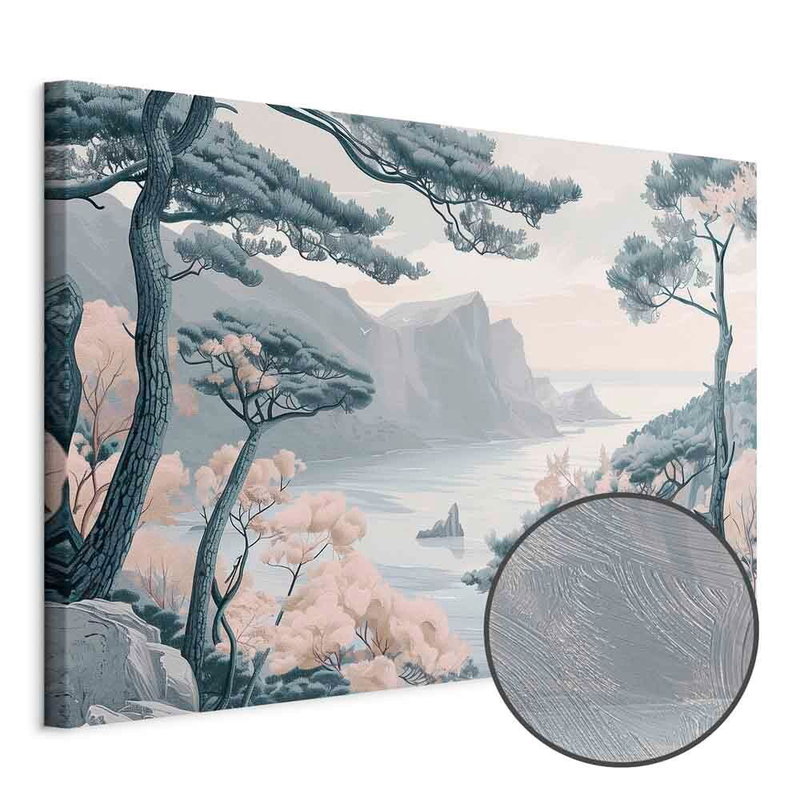 Produktvy av Mountainous coast with trees. En rund detaljförstoring visar den strukturerade gelytan.