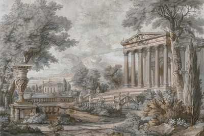 Vooraanzicht van Temple on a hill - greek. De volledige gedrukte compositie is te zien zonder het schuine productaanzicht of de detailopname van het geloppervlak.