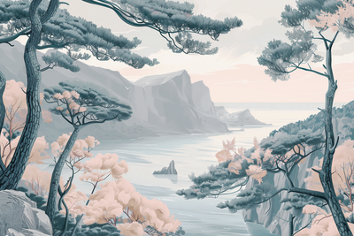 Vooraanzicht van Mountainous coast with trees. De volledige gedrukte compositie is te zien zonder het schuine productaanzicht of de detailopname van het geloppervlak.