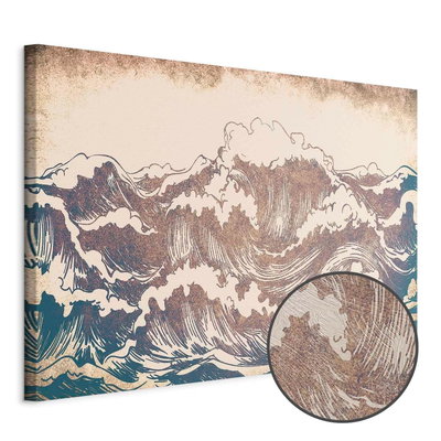 Schuin productaanzicht van Giant waves. Het motief loopt door over de randen van het canvas. Een ronde detailopname toont het reliëf van het geloppervlak.