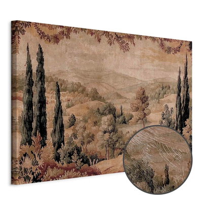 Schuin productaanzicht van Mediterranean landscape -. Het motief loopt door over de randen van het canvas. Een ronde detailopname toont het reliëf van het geloppervlak.