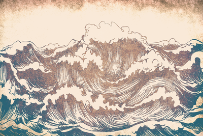 Vooraanzicht van Giant waves. De volledige gedrukte compositie is te zien zonder het schuine productaanzicht of de detailopname van het geloppervlak.