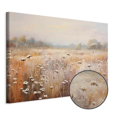 Schuin productaanzicht van Impressionist meadow field. Het motief loopt door over de randen van het canvas. Een ronde detailopname toont het reliëf van het geloppervlak.