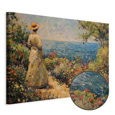 Schuin productaanzicht van Nostalgic impression - a. Het motief loopt door over de randen van het canvas. Een ronde detailopname toont het reliëf van het geloppervlak.