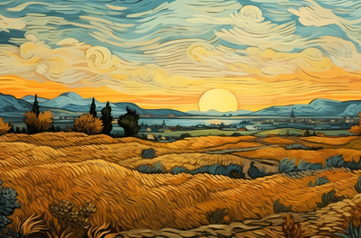 Vooraanzicht van Impressionistic fields -. De volledige gedrukte compositie is te zien zonder het schuine productaanzicht of de detailopname van het geloppervlak.