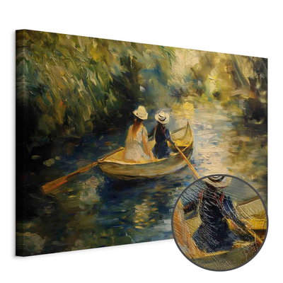 Schuin productaanzicht van Boat crossing - painting of. Het motief loopt door over de randen van het canvas. Een ronde detailopname toont het reliëf van het geloppervlak.