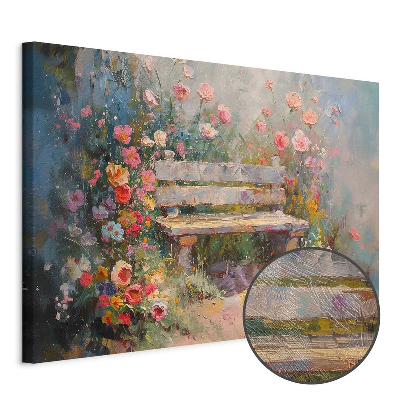 Produktvy av Flowery bench -. En rund detaljförstoring visar den strukturerade gelytan.