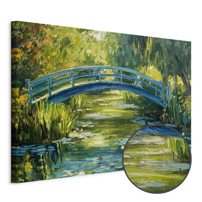 Schuin productaanzicht van Impressionist bridge -. Het motief loopt door over de randen van het canvas. Een ronde detailopname toont het reliëf van het geloppervlak.