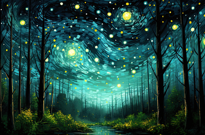 Vooraanzicht van Starry night - a. De volledige gedrukte compositie is te zien zonder het schuine productaanzicht of de detailopname van het geloppervlak.