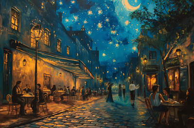 Vooraanzicht van Paris street a painting. De volledige gedrukte compositie is te zien zonder het schuine productaanzicht of de detailopname van het geloppervlak.
