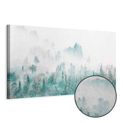 Schuin productaanzicht van Turquoise valley narrow. Het motief loopt door over de randen van het canvas. Een ronde detailopname toont het reliëf van het geloppervlak.