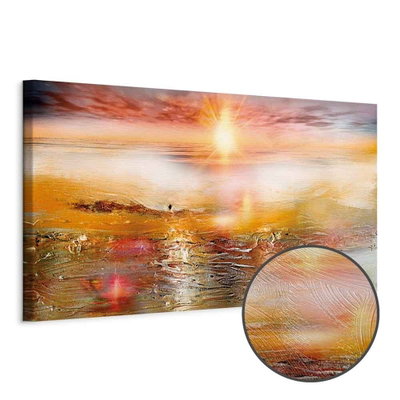 Schuin productaanzicht van Orange sea. Het motief loopt door over de randen van het canvas. Een ronde detailopname toont het reliëf van het geloppervlak.