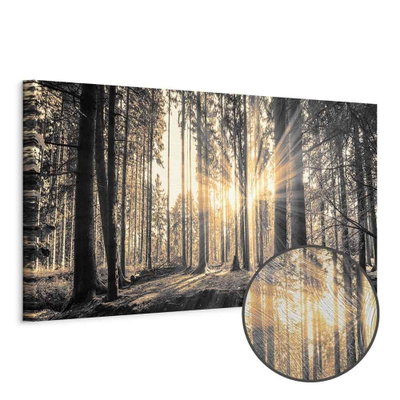 Schuin productaanzicht van Forest sun. Het motief loopt door over de randen van het canvas. Een ronde detailopname toont het reliëf van het geloppervlak.