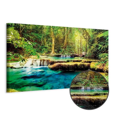 Schuin productaanzicht van A jewel of nature. Het motief loopt door over de randen van het canvas. Een ronde detailopname toont het reliëf van het geloppervlak.