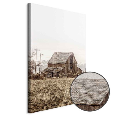 Schuin productaanzicht van Abandoned ranch. Het motief loopt door over de randen van het canvas. Een ronde detailopname toont het reliëf van het geloppervlak.