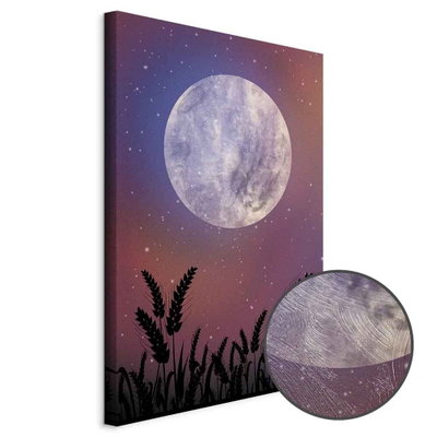 Schuin productaanzicht van Night in the country. Het motief loopt door over de randen van het canvas. Een ronde detailopname toont het reliëf van het geloppervlak.