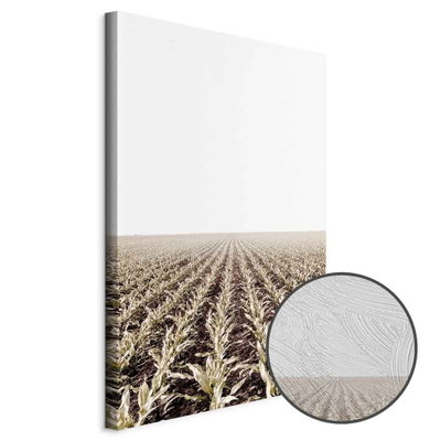 Schuin productaanzicht van Corn field. Het motief loopt door over de randen van het canvas. Een ronde detailopname toont het reliëf van het geloppervlak.