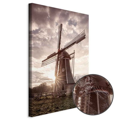 Schuin productaanzicht van Wind of memories. Het motief loopt door over de randen van het canvas. Een ronde detailopname toont het reliëf van het geloppervlak.