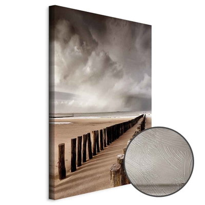 Schuin productaanzicht van Prospect of hope. Het motief loopt door over de randen van het canvas. Een ronde detailopname toont het reliëf van het geloppervlak.