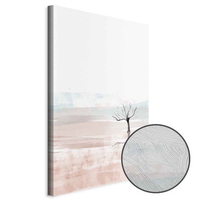 Schuin productaanzicht van Watercolor landscape. Het motief loopt door over de randen van het canvas. Een ronde detailopname toont het reliëf van het geloppervlak.