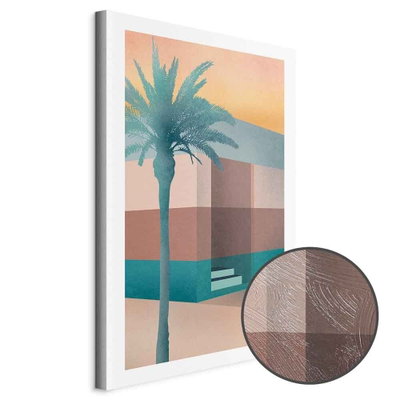 Schuin productaanzicht van Pastel alley. Het motief loopt door over de randen van het canvas. Een ronde detailopname toont het reliëf van het geloppervlak.