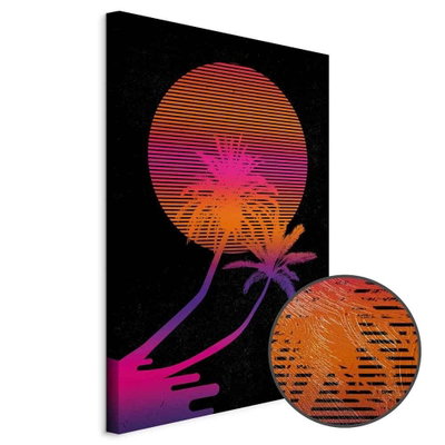 Schuin productaanzicht van Palm at sunrise. Het motief loopt door over de randen van het canvas. Een ronde detailopname toont het reliëf van het geloppervlak.