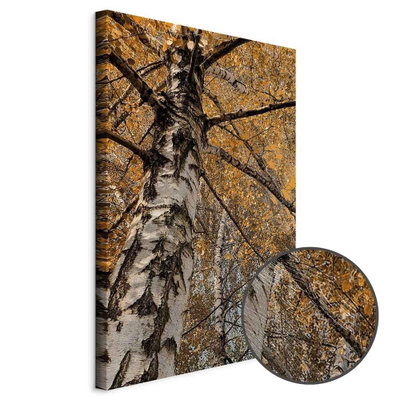 Schuin productaanzicht van Autumn colours. Het motief loopt door over de randen van het canvas. Een ronde detailopname toont het reliëf van het geloppervlak.