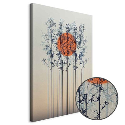 Schuin productaanzicht van Lonely twilight. Het motief loopt door over de randen van het canvas. Een ronde detailopname toont het reliëf van het geloppervlak.