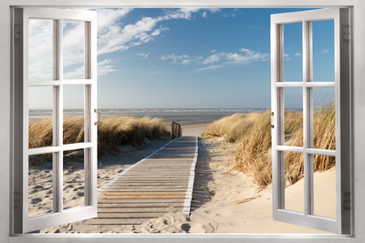 Vooraanzicht van Window view of the beach. De volledige gedrukte compositie is te zien zonder het schuine productaanzicht of de detailopname van het geloppervlak.