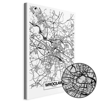 Schuin productaanzicht van City plan wroclaw. Het motief loopt door over de randen van het canvas. Een ronde detailopname toont het reliëf van het geloppervlak.